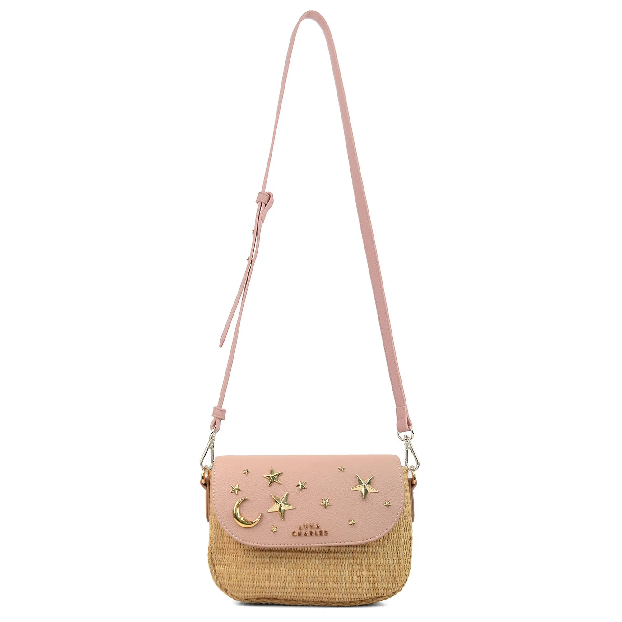 Elena Star Studded Rattan Handbag - Pink & Gold