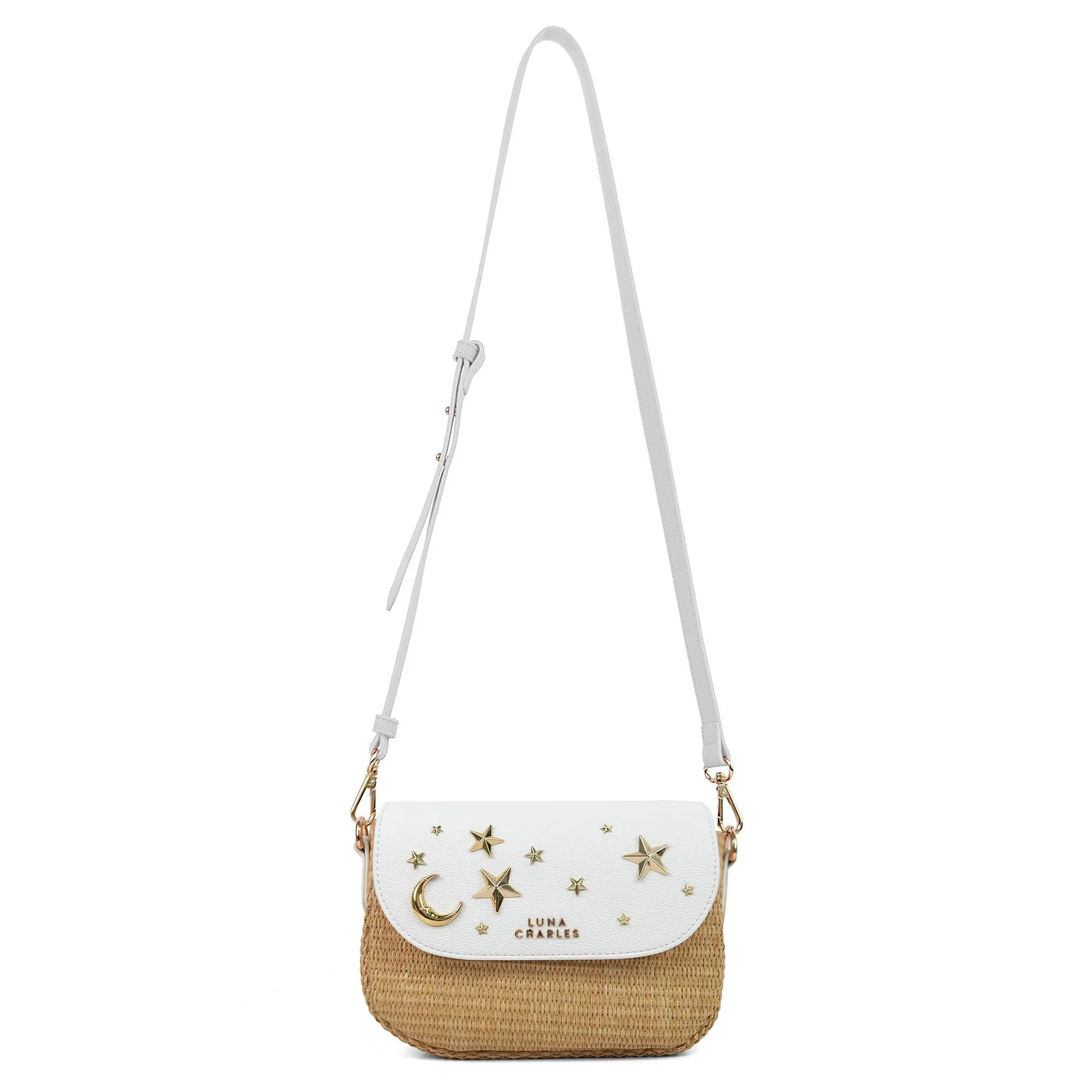 Elena Star Studded Rattan Handbag - White & Gold