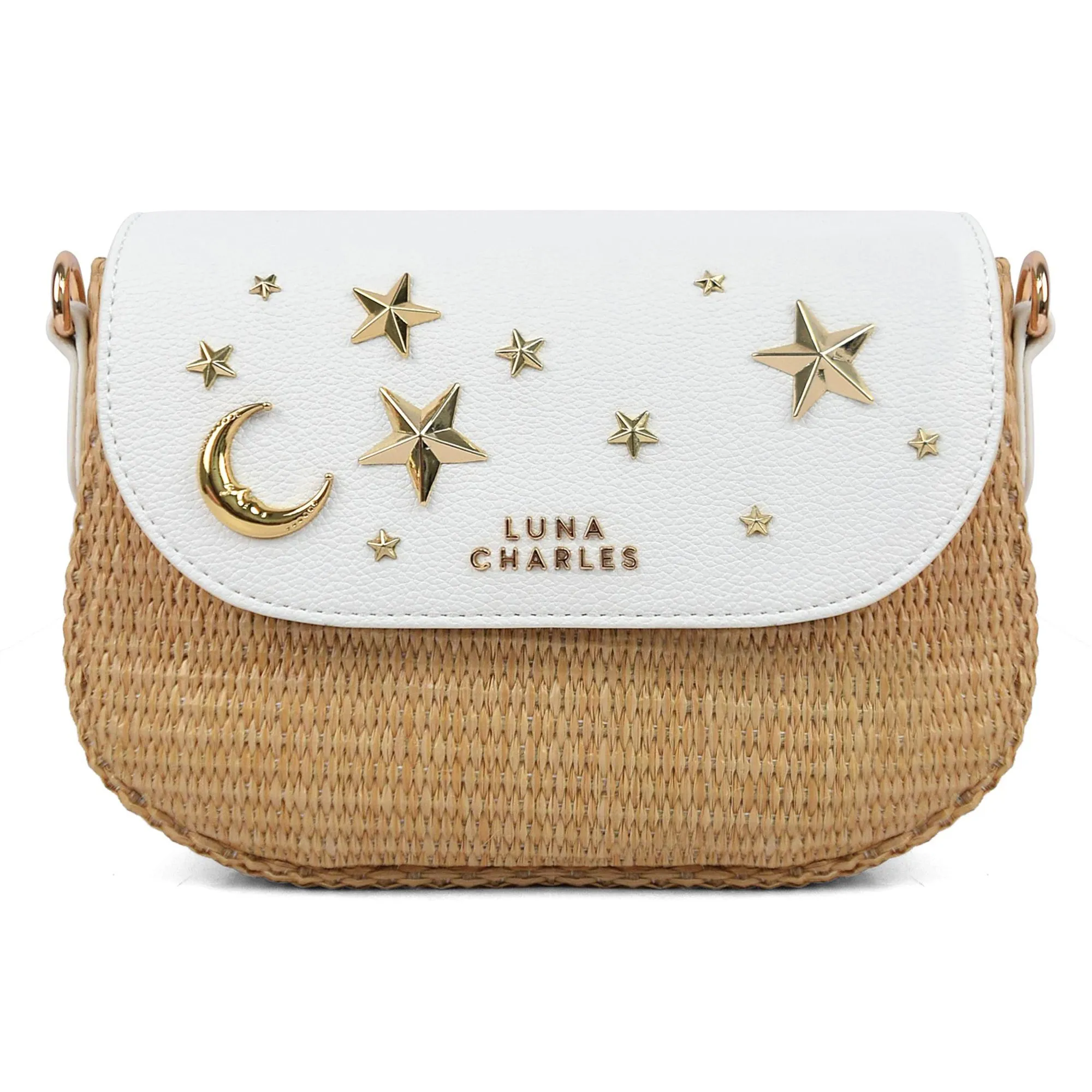 Elena Star Studded Rattan Handbag - White & Gold