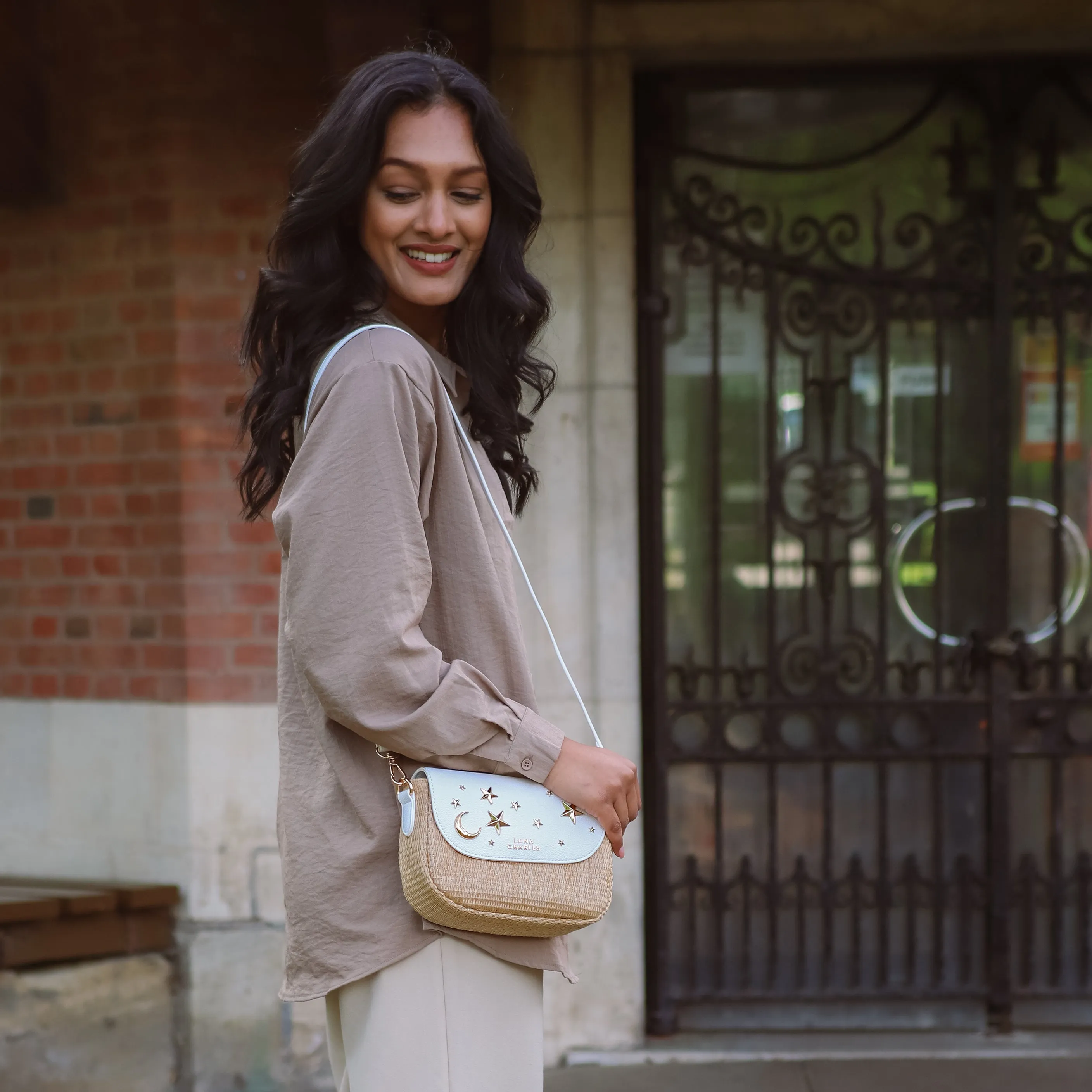 Elena Star Studded Rattan Handbag - White & Gold