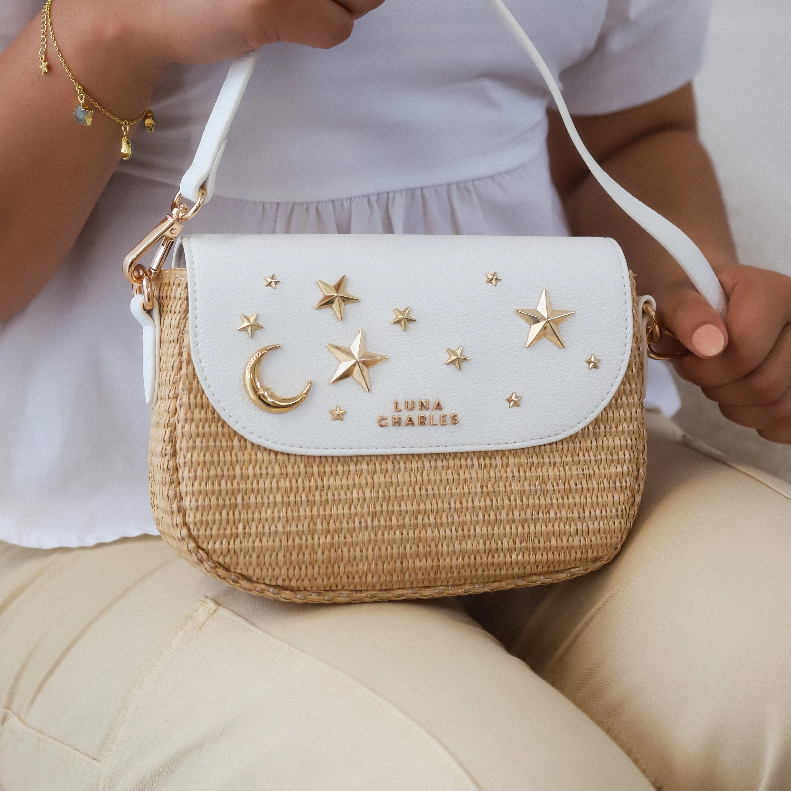 Elena Star Studded Rattan Handbag - White & Gold