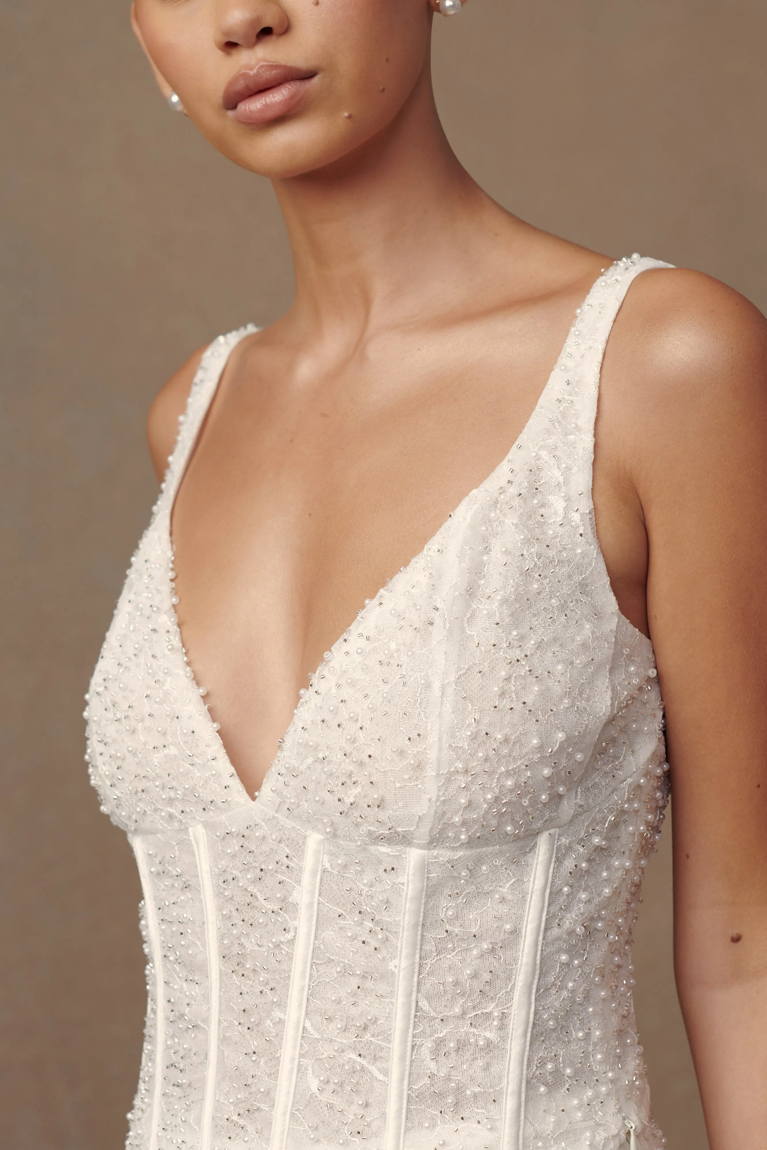 Elsie Pearl Beaded Bustier Top - White