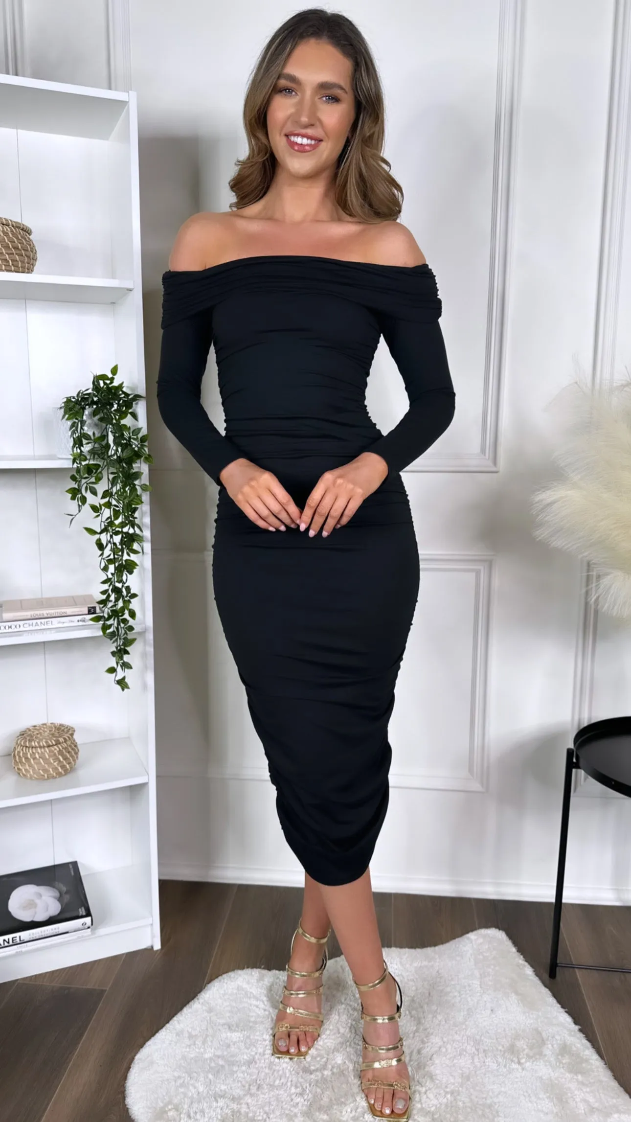 Emmeline Black Off Shoulder Long Sleeve Midi Dress