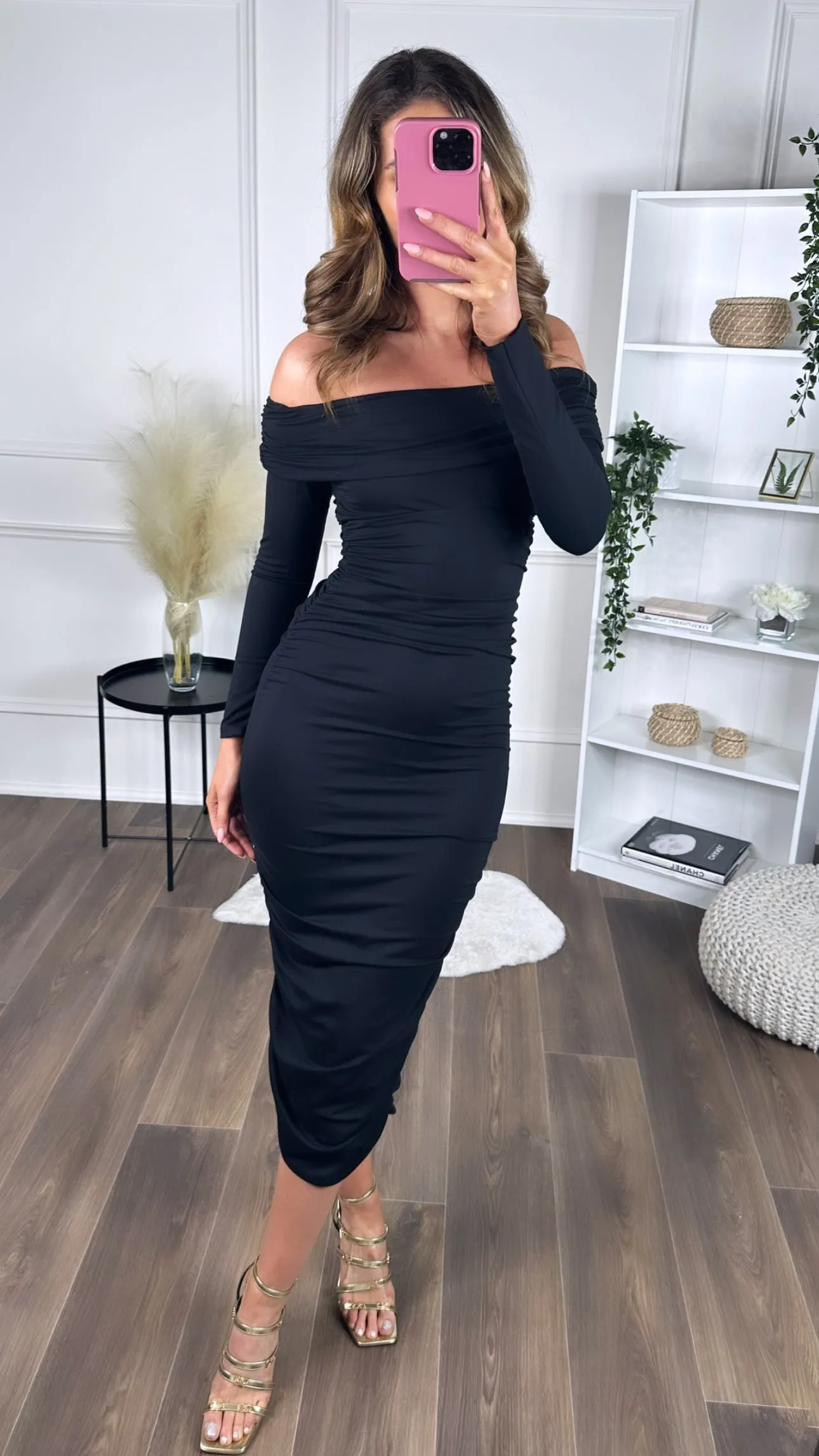 Emmeline Black Off Shoulder Long Sleeve Midi Dress