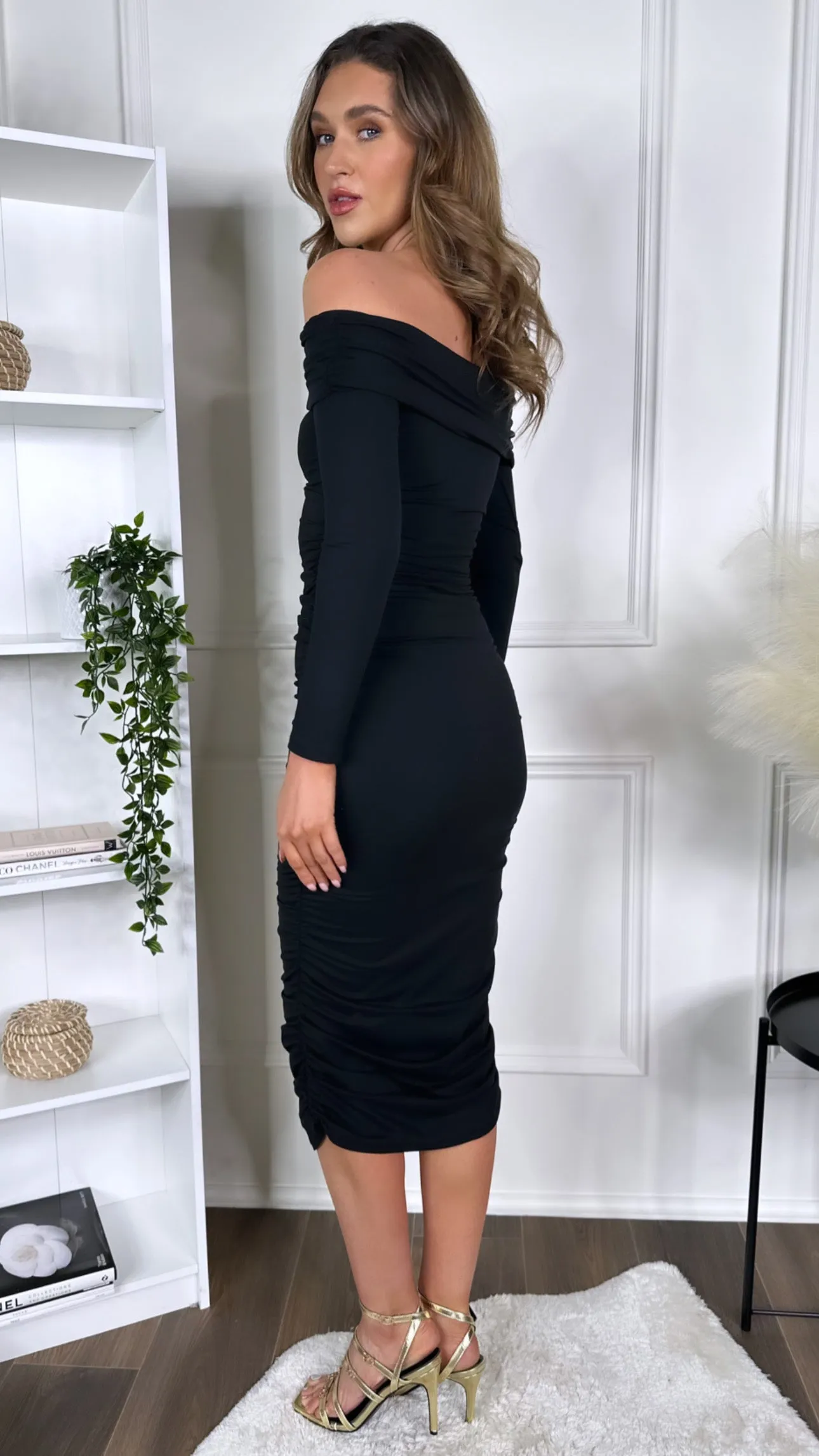 Emmeline Black Off Shoulder Long Sleeve Midi Dress