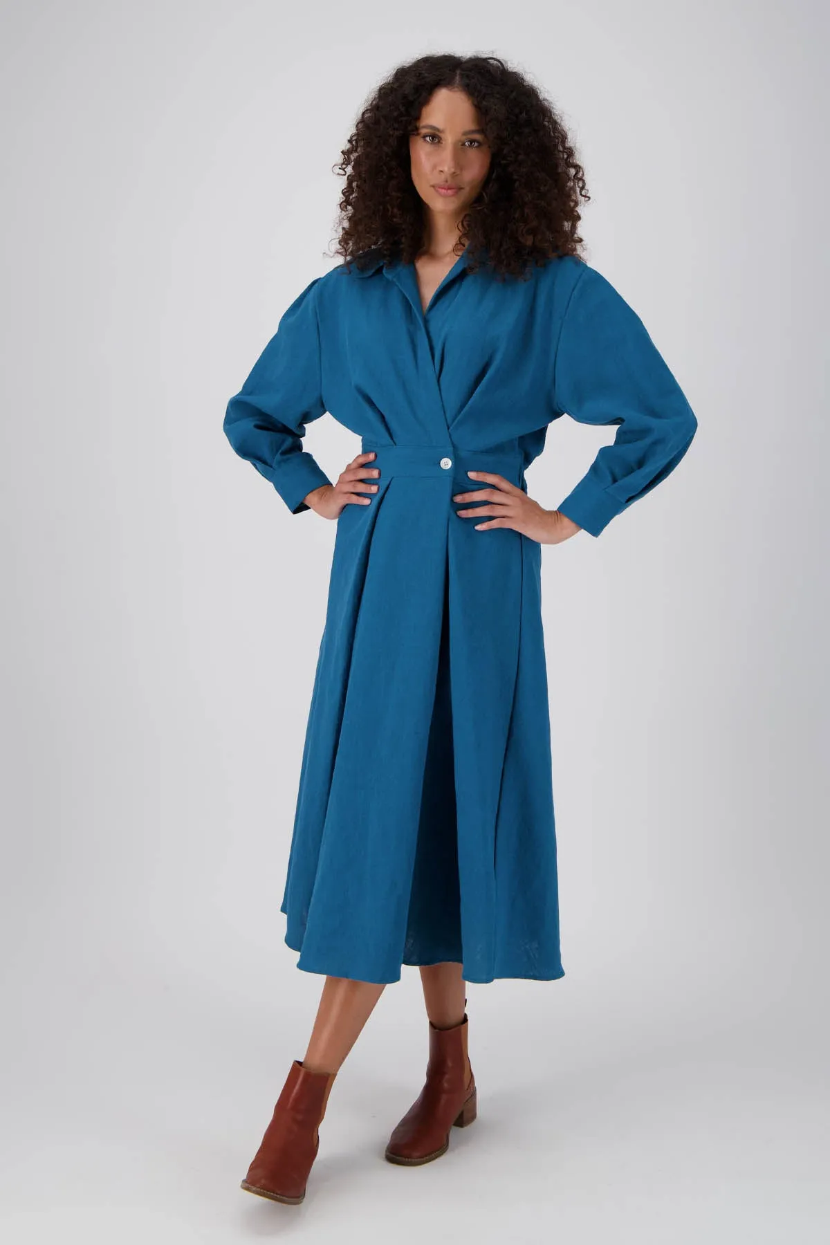 Estate Parisian Midi Wrap Dress Teal in Linen