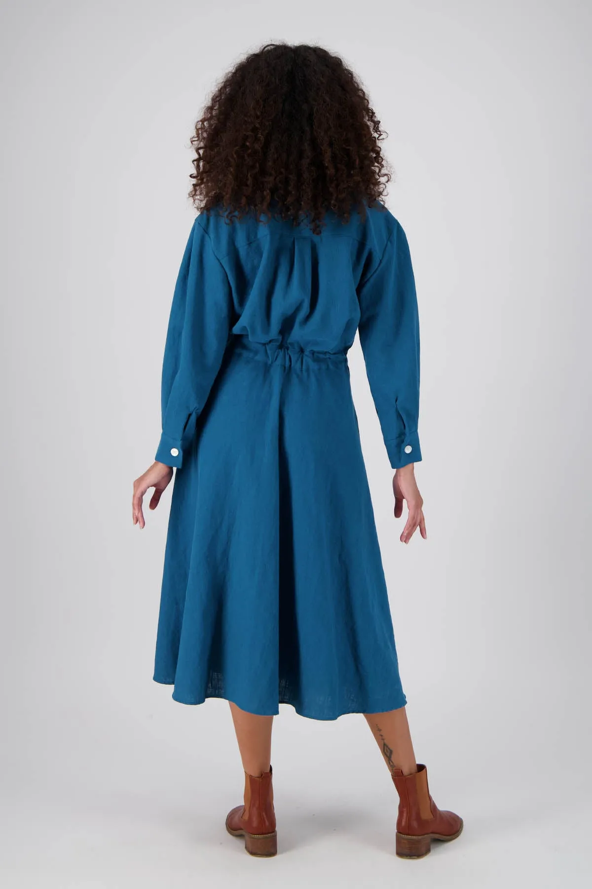 Estate Parisian Midi Wrap Dress Teal in Linen