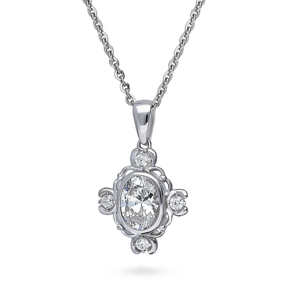 Flower Art Deco CZ Necklace in Sterling Silver