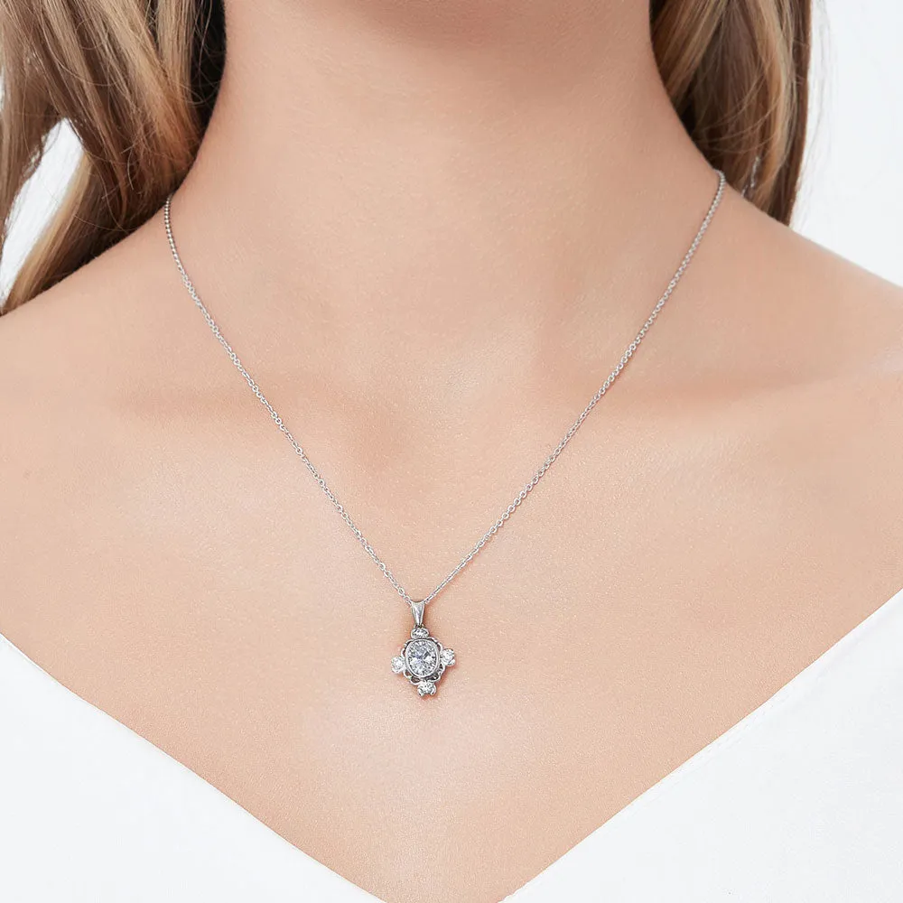 Flower Art Deco CZ Necklace in Sterling Silver