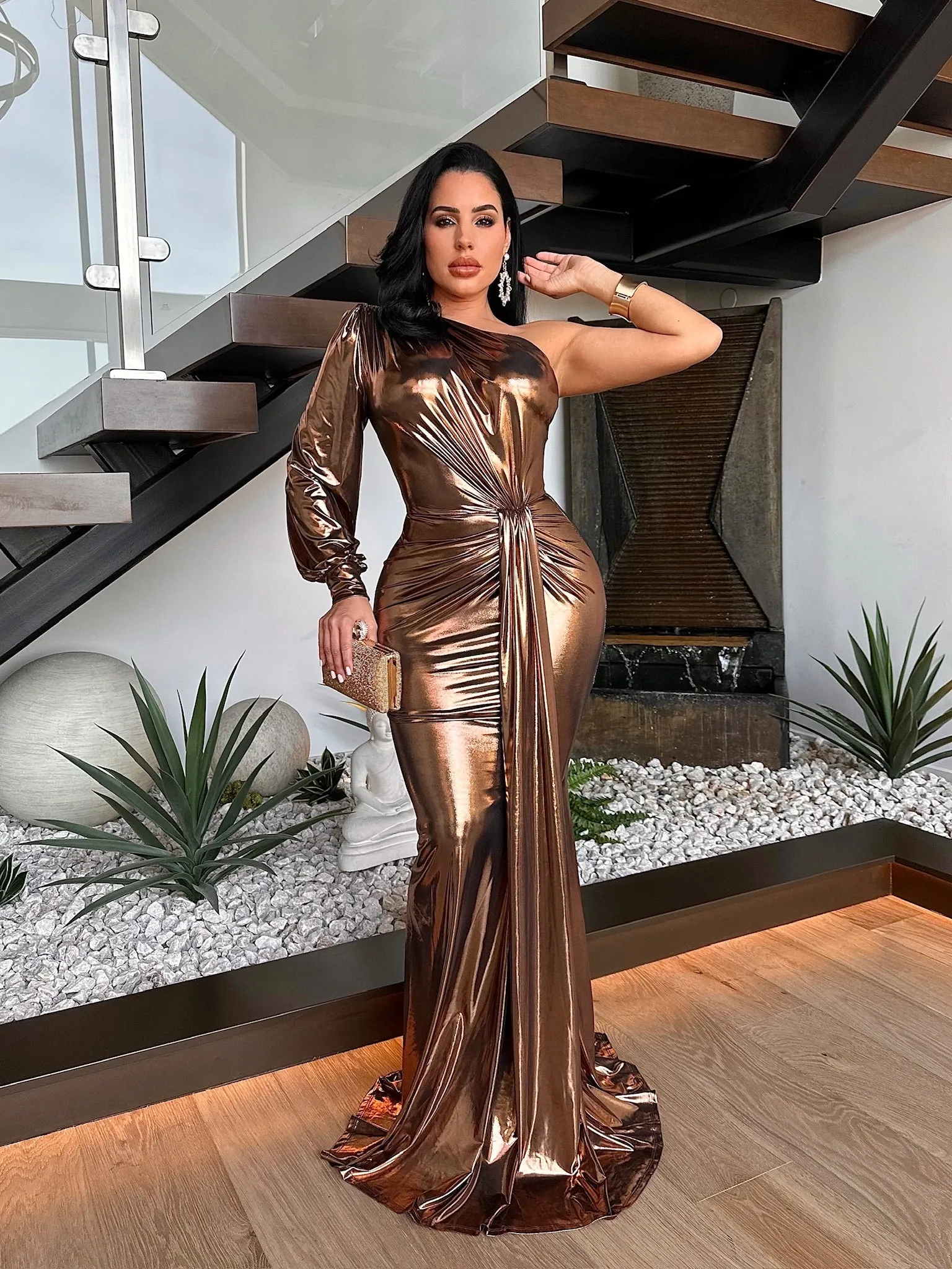 Gilded Glow Metallic Ruched Maxi Dress Gold