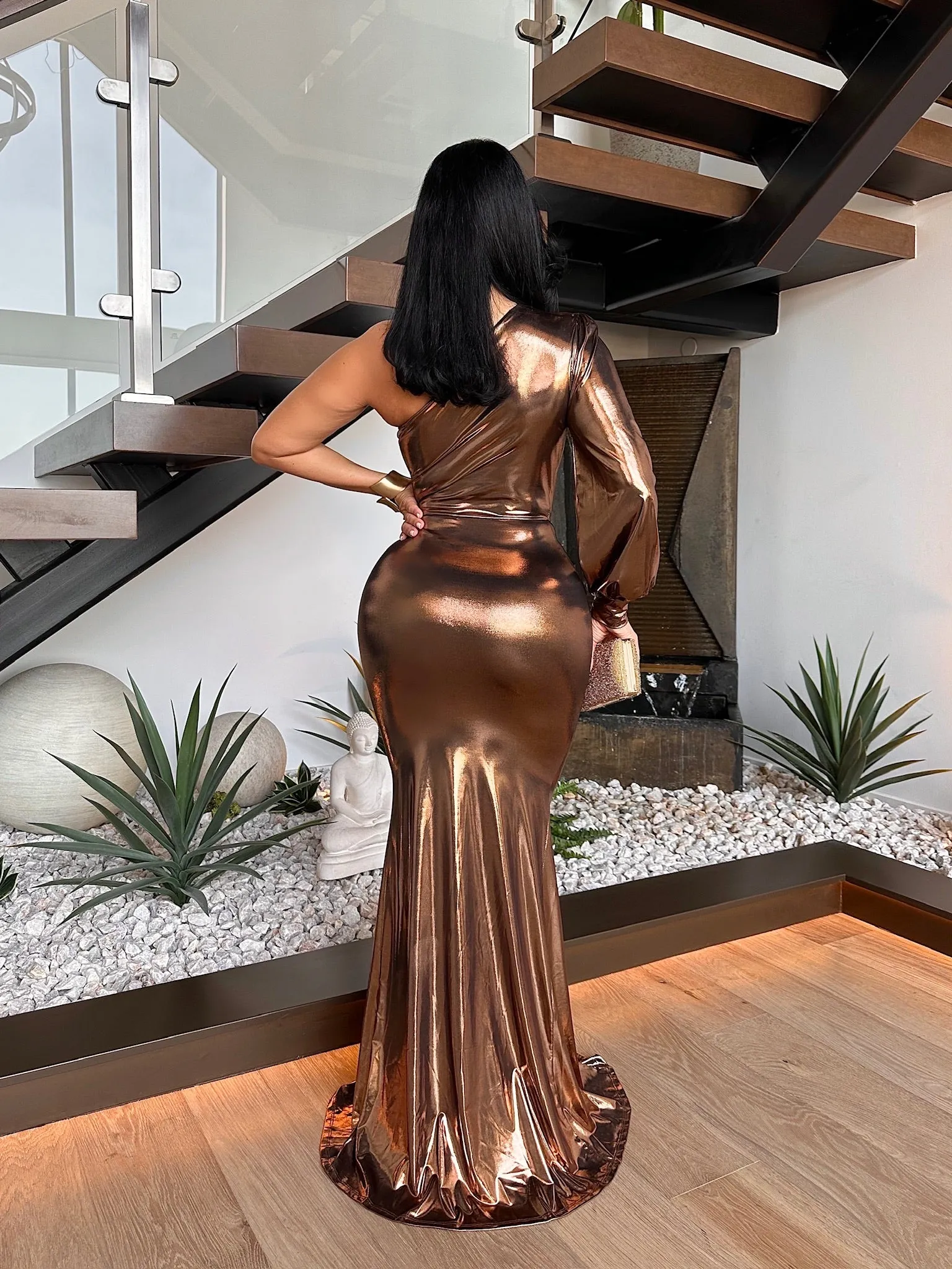 Gilded Glow Metallic Ruched Maxi Dress Gold