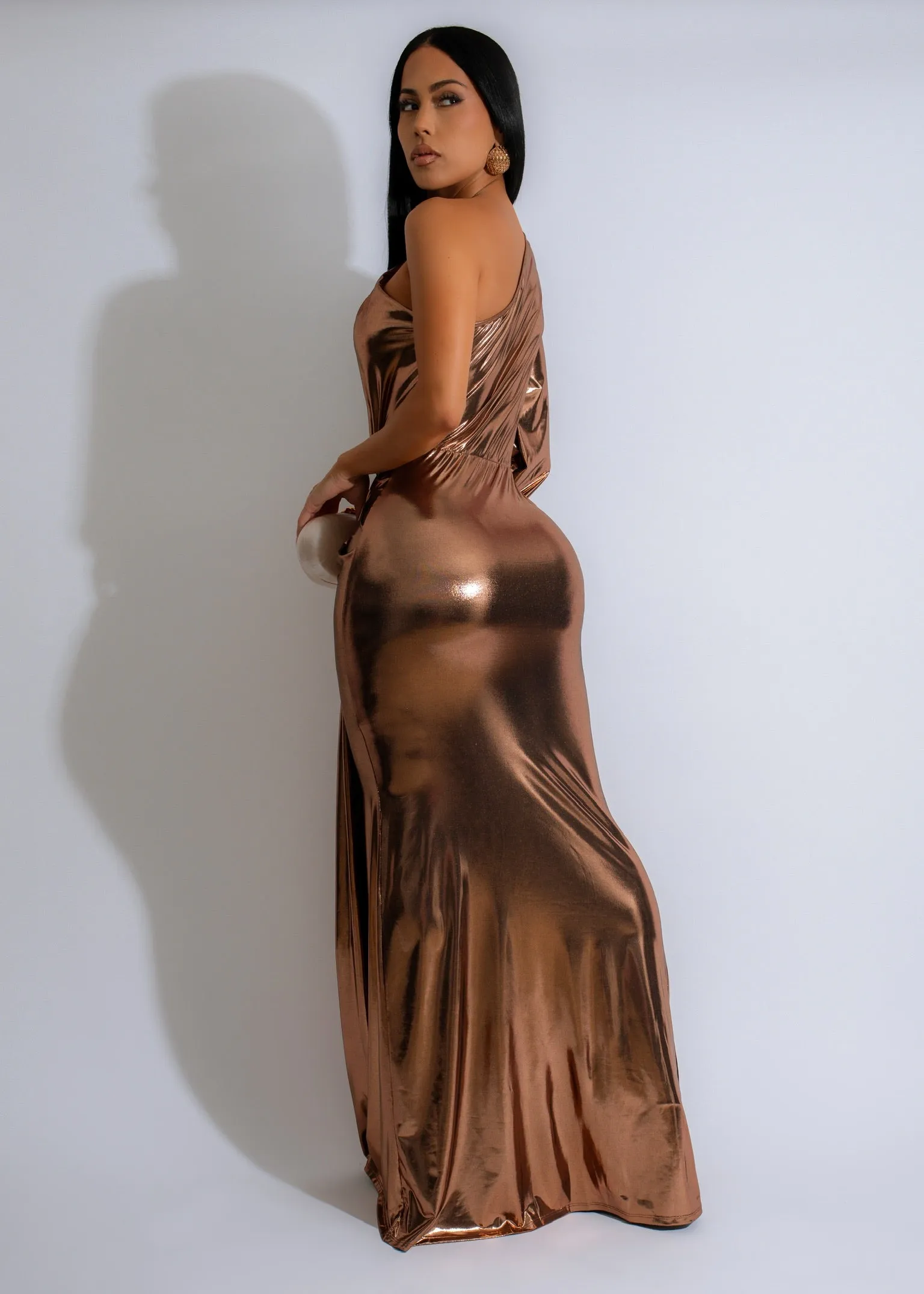 Gilded Glow Metallic Ruched Maxi Dress Gold