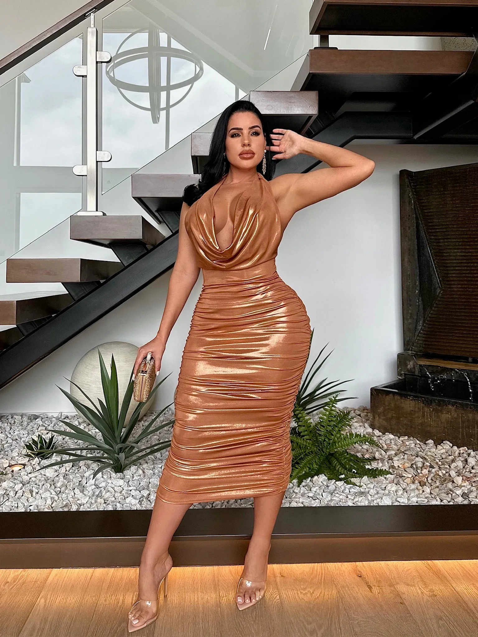 Glam Glow Ruched Metallic Midi Dress Gold