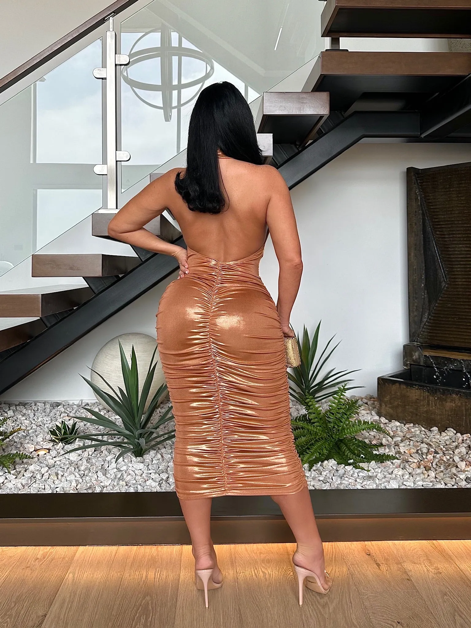 Glam Glow Ruched Metallic Midi Dress Gold