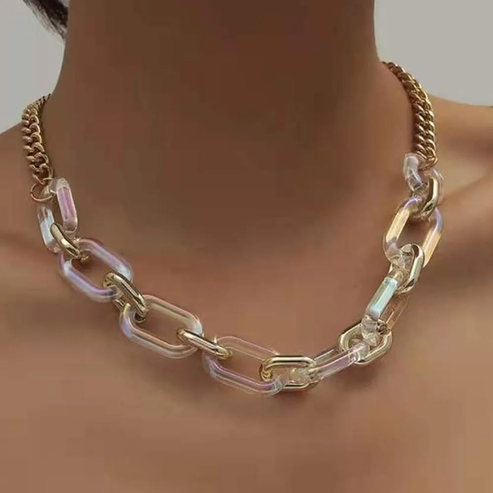 Gold Chunky Clear Acrylic Chain 2 Piece Together Angle Heart Statement Necklace