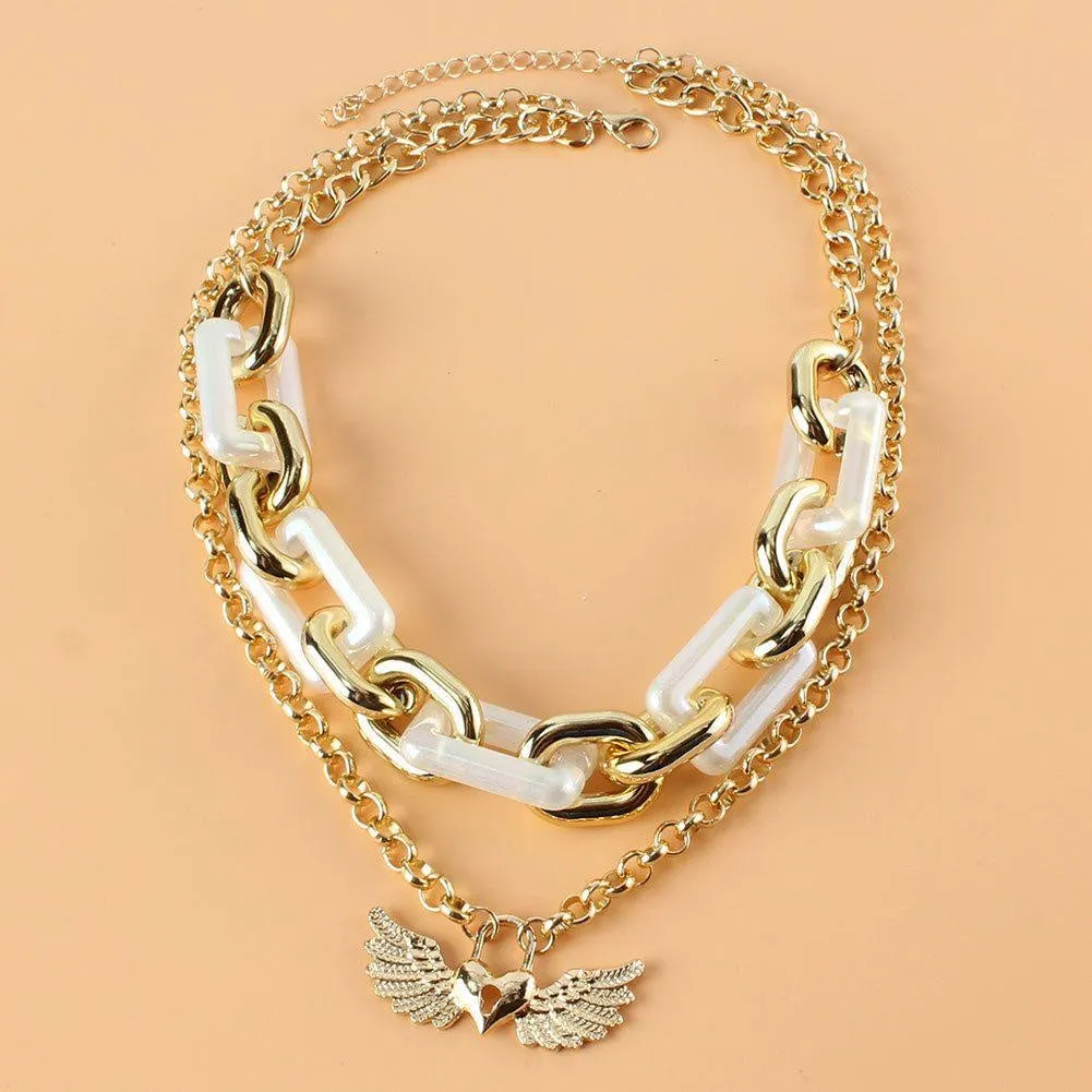 Gold Chunky Clear Acrylic Chain 2 Piece Together Angle Heart Statement Necklace