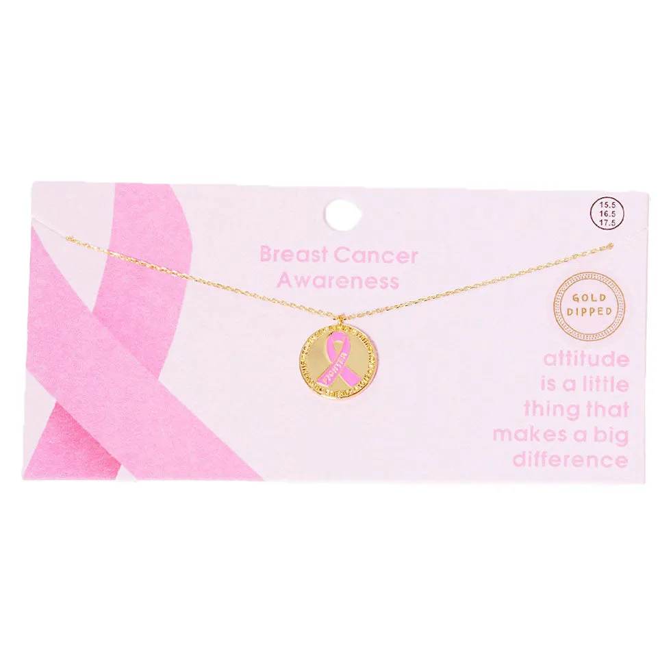 Gold Dipped Enamel Pink Ribbon Accented Metal Disc Necklace