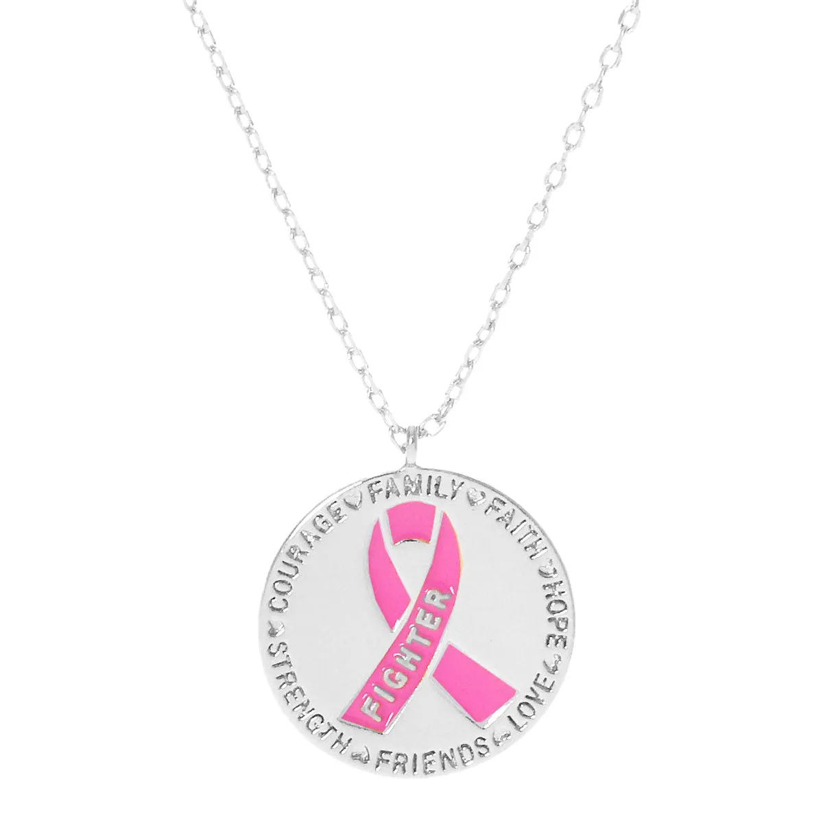 Gold Dipped Enamel Pink Ribbon Accented Metal Disc Necklace