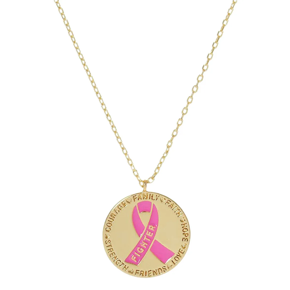 Gold Dipped Enamel Pink Ribbon Accented Metal Disc Necklace