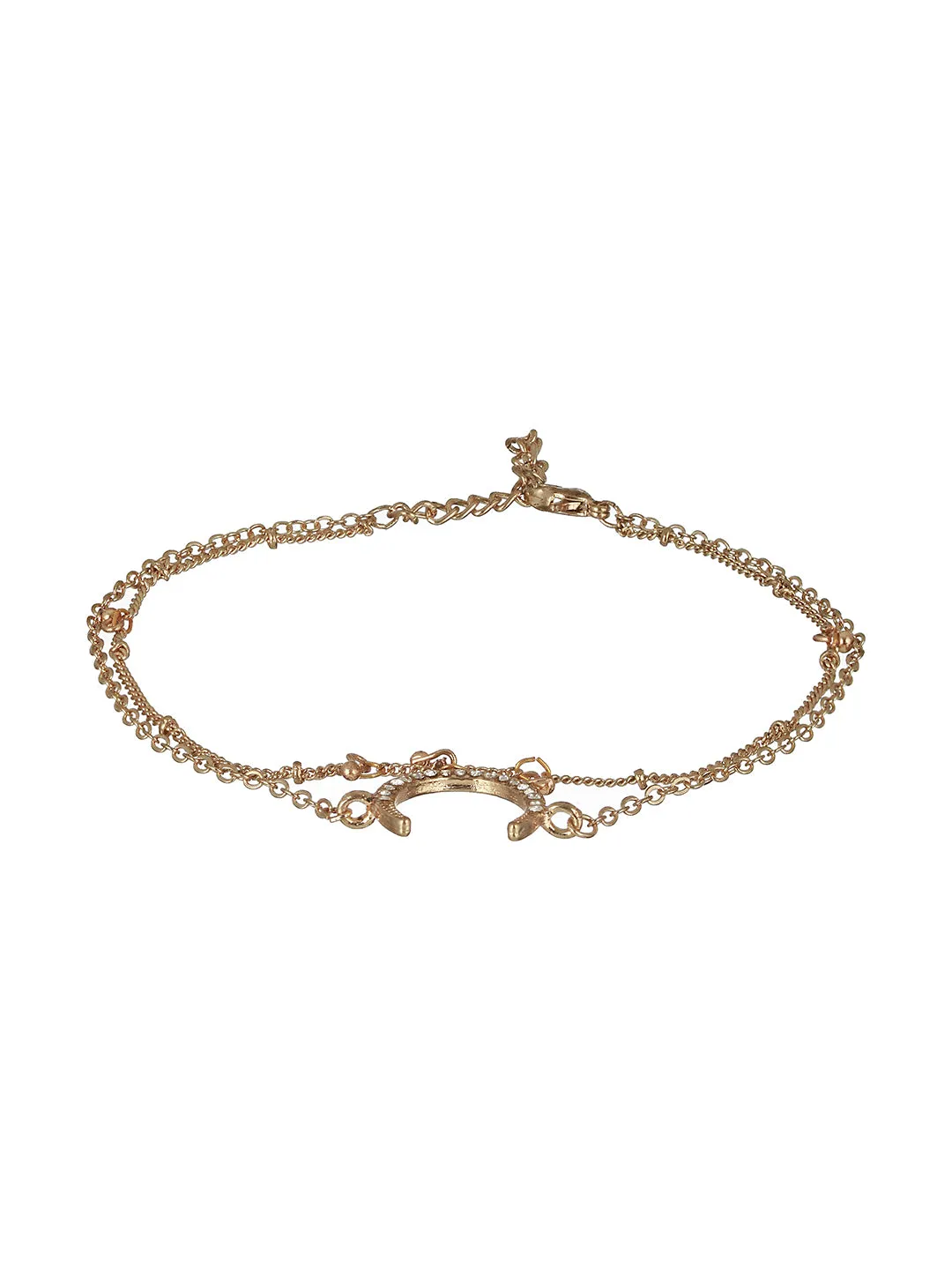 Gold Toned & Gold-Plated Cz Studded Layered Moon Charm Anklet