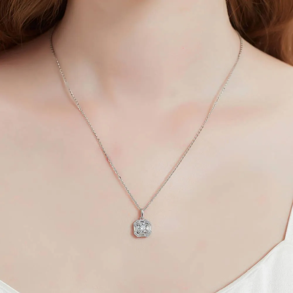 Halo Art Deco CZ Necklace in Sterling Silver