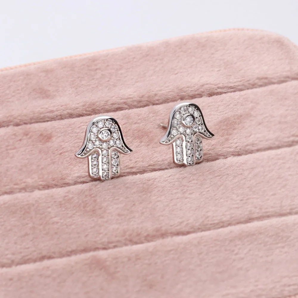 Hamsa Hand CZ Stud Earrings in Sterling Silver