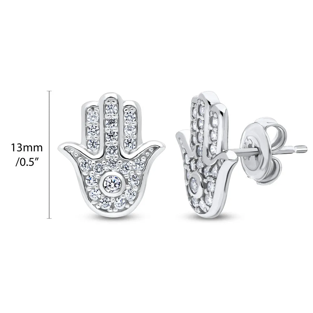 Hamsa Hand CZ Stud Earrings in Sterling Silver