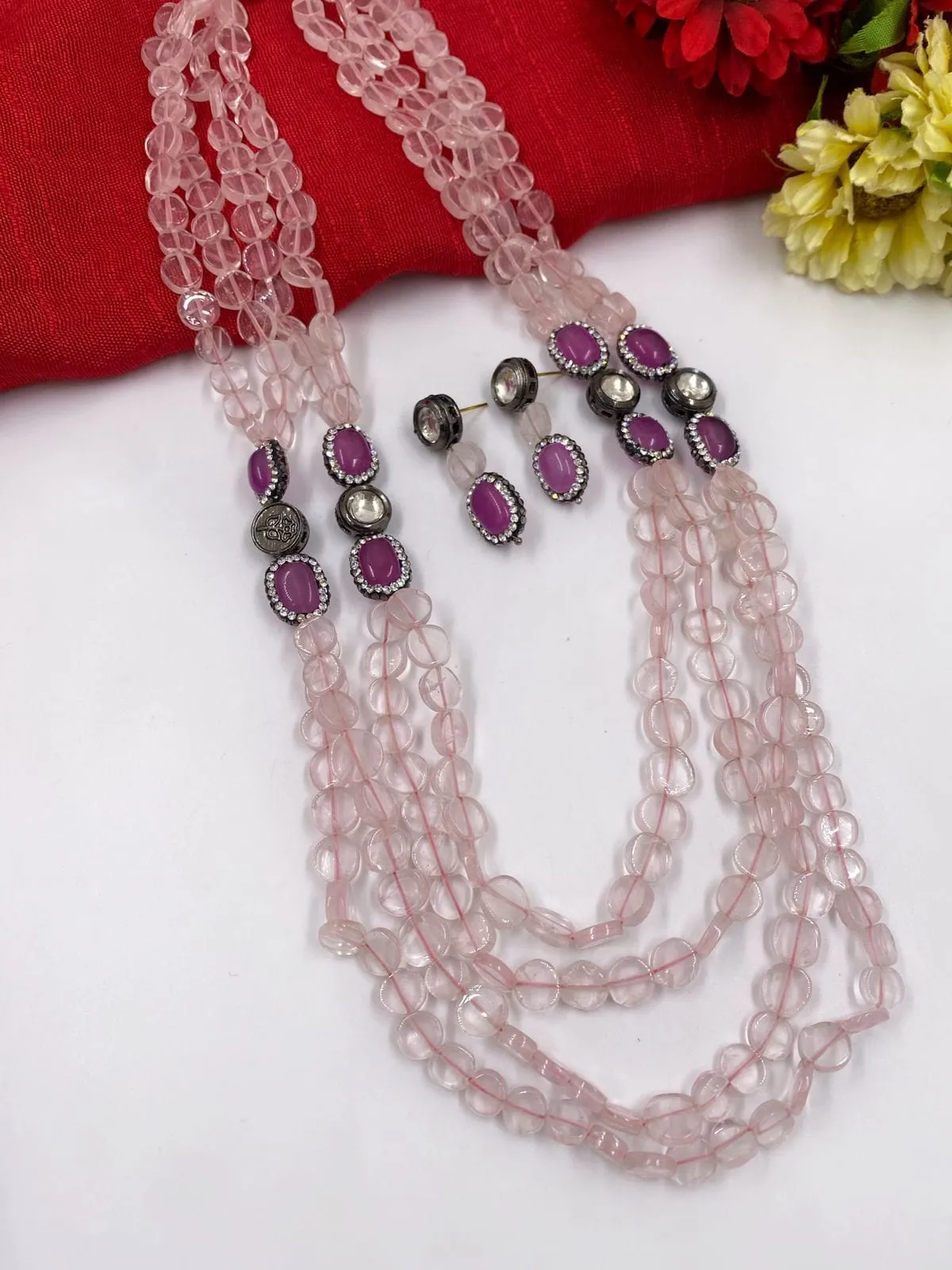 Handcrafted Semi Precious Pink Rose Quartz Beads And Kundan Necklace Set By Gehna Shop