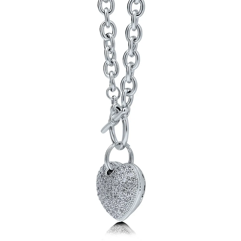 Heart CZ Necklace and Earrings in Silver-Tone