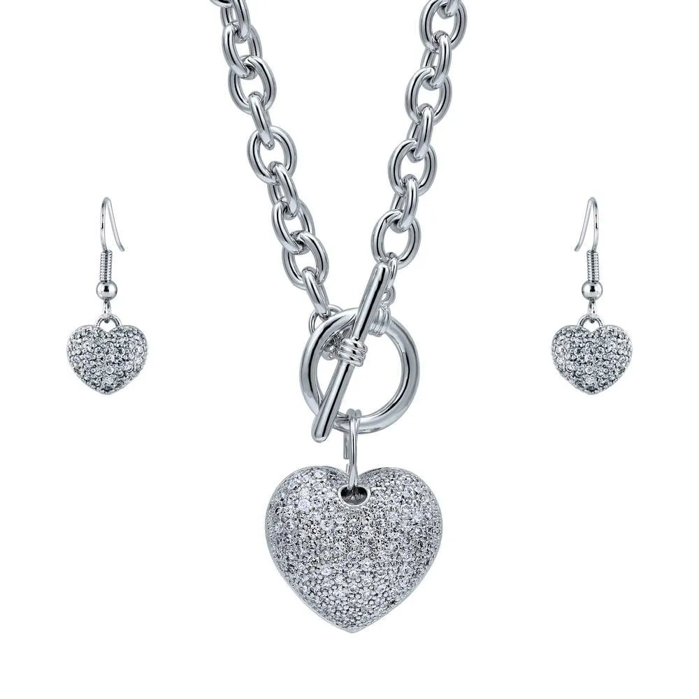 Heart CZ Necklace and Earrings in Silver-Tone