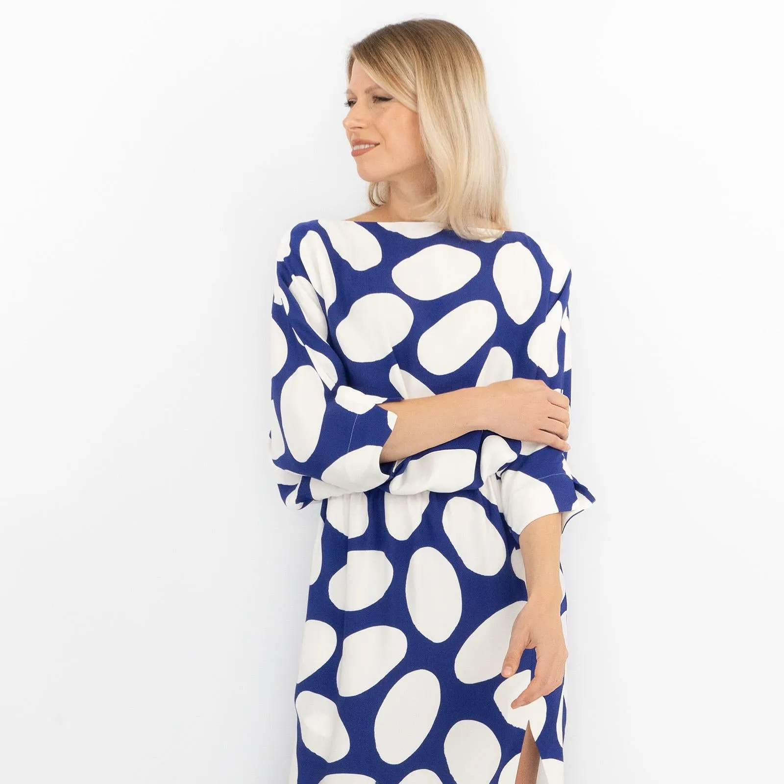 Jasper Conran Beau 3/4 Sleeve Blue Print Boat Neck Relaxed Fit Midi Dresses with Split and Pockets