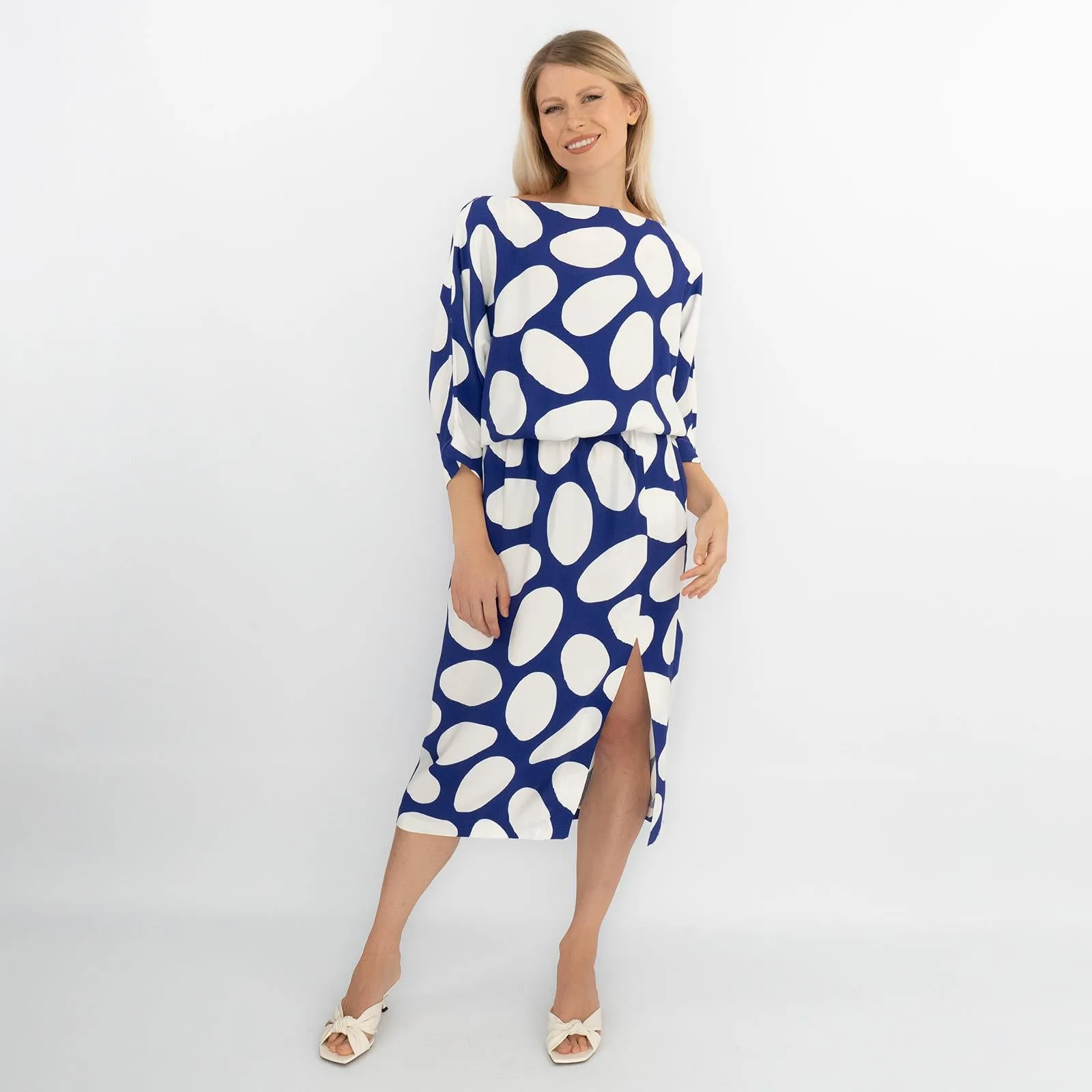 Jasper Conran Beau 3/4 Sleeve Blue Print Boat Neck Relaxed Fit Midi Dresses with Split and Pockets