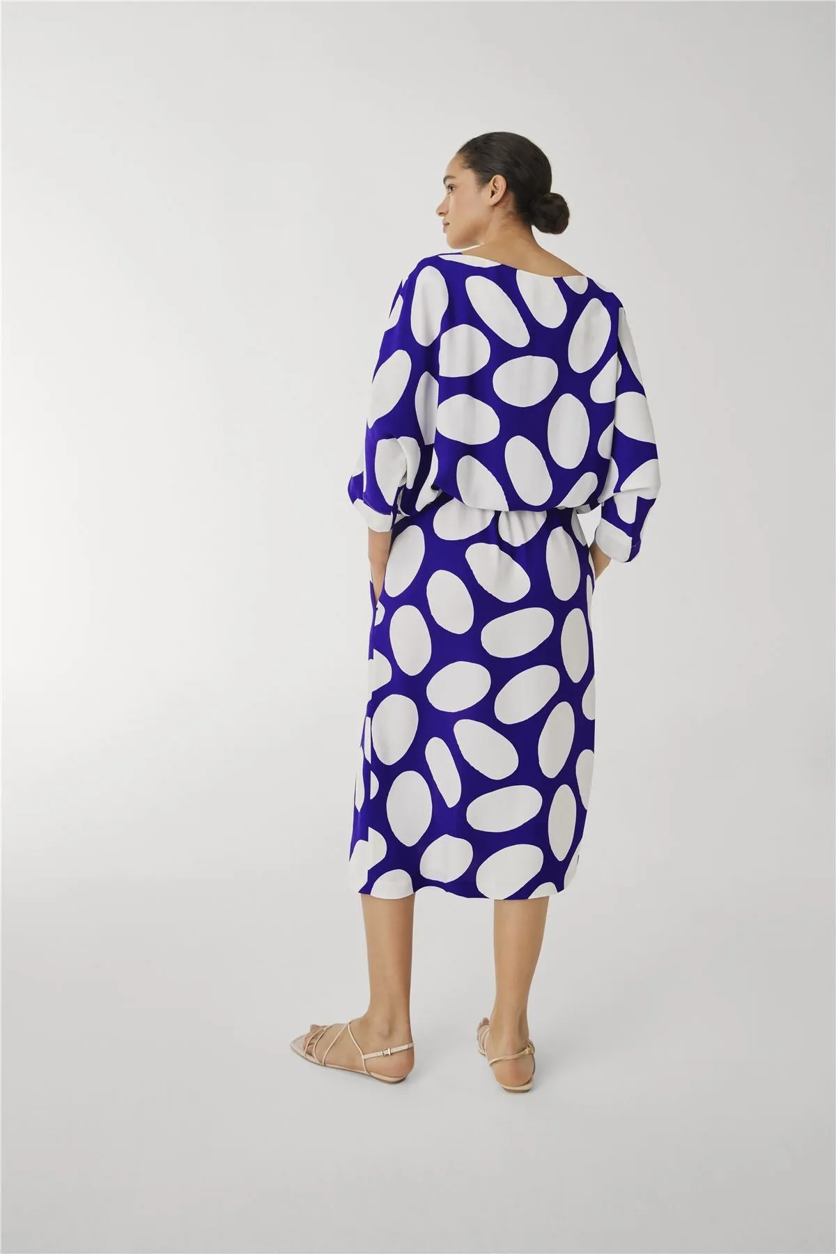 Jasper Conran Beau 3/4 Sleeve Blue Print Boat Neck Relaxed Fit Midi Dresses with Split and Pockets