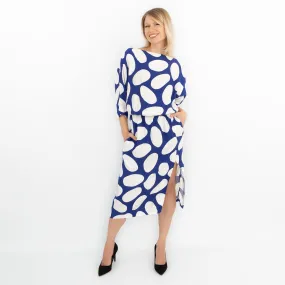 Jasper Conran Beau 3/4 Sleeve Blue Print Boat Neck Relaxed Fit Midi Dresses with Split and Pockets