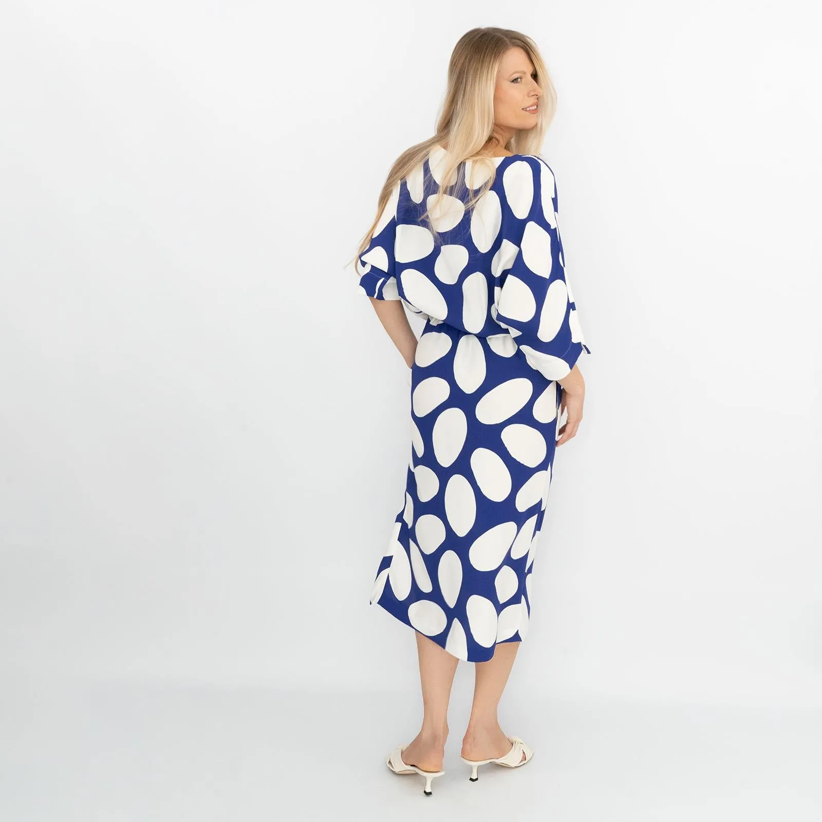 Jasper Conran Beau 3/4 Sleeve Blue Print Boat Neck Relaxed Fit Midi Dresses with Split and Pockets