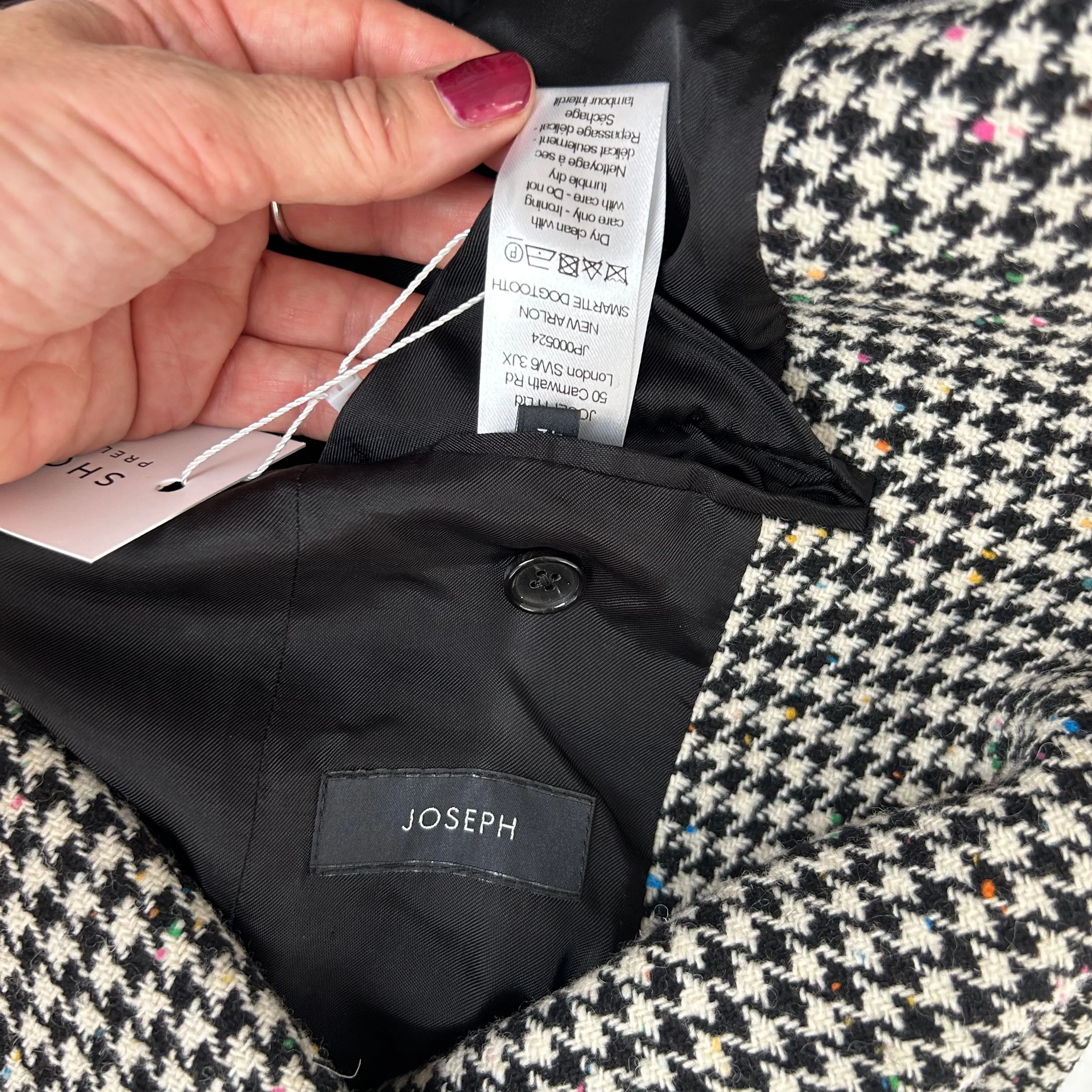 Joseph £895 Black & White Smart Dogtooth Arlon Wool Coat L