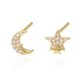 Kandra Double Moon & Star Stud Earrings | 18K Gold Plated