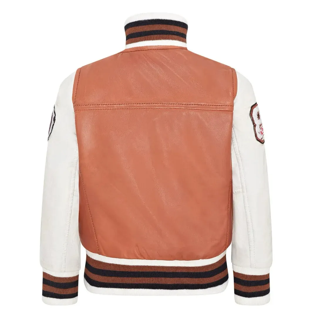 Kids Tan Brown Leather Letterman Bomber Jacket