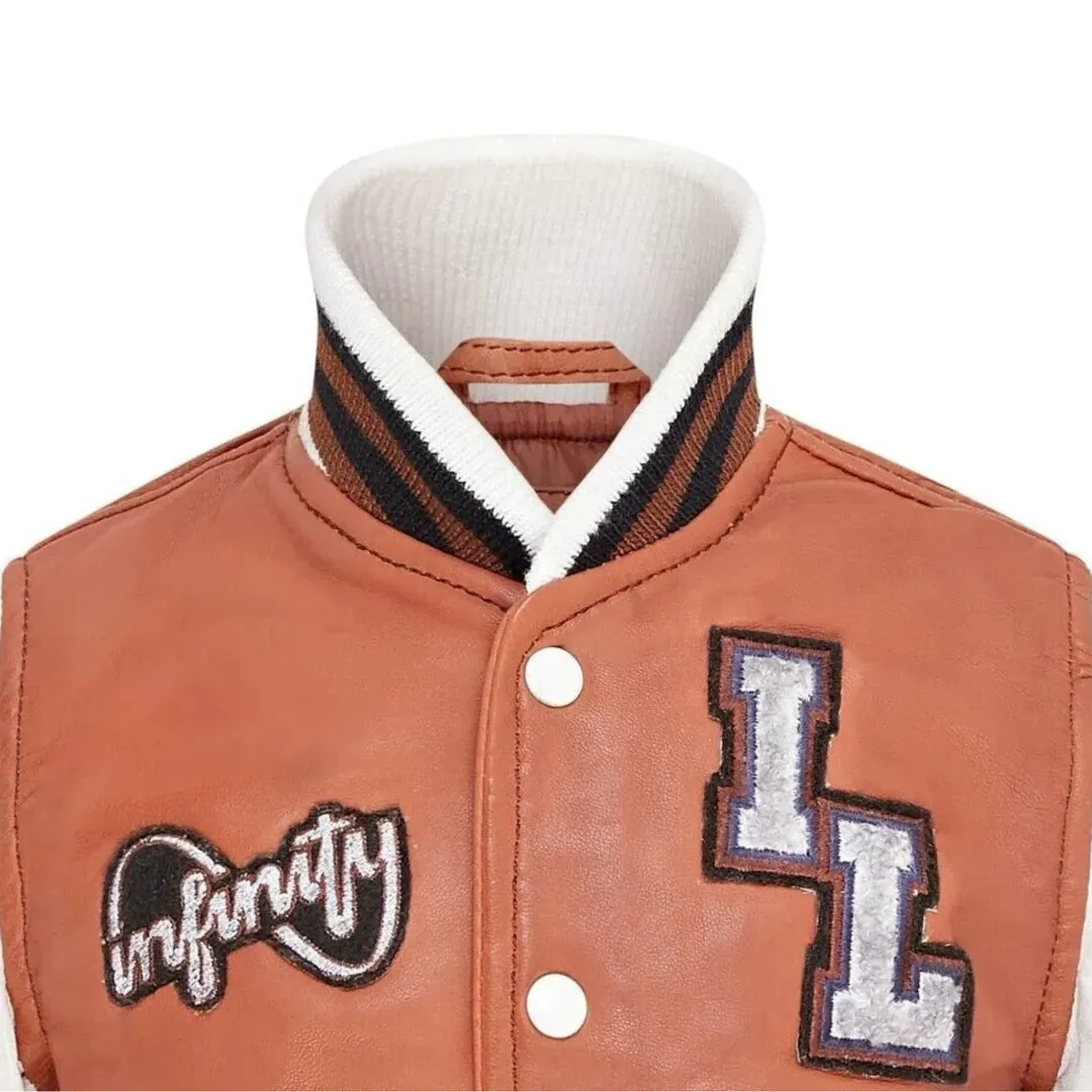 Kids Tan Brown Leather Letterman Bomber Jacket