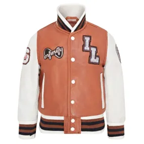 Kids Tan Brown Leather Letterman Bomber Jacket