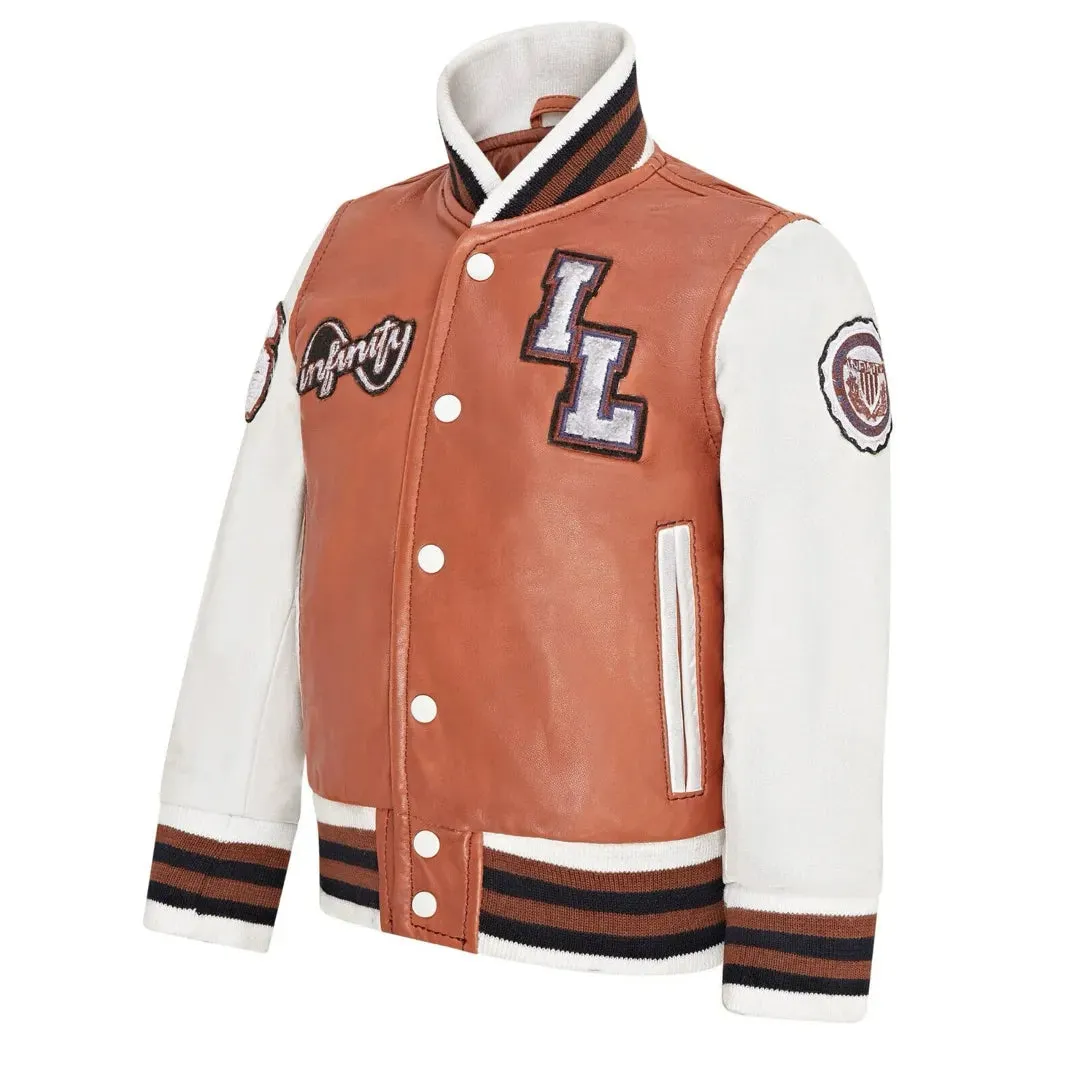 Kids Tan Brown Leather Letterman Bomber Jacket