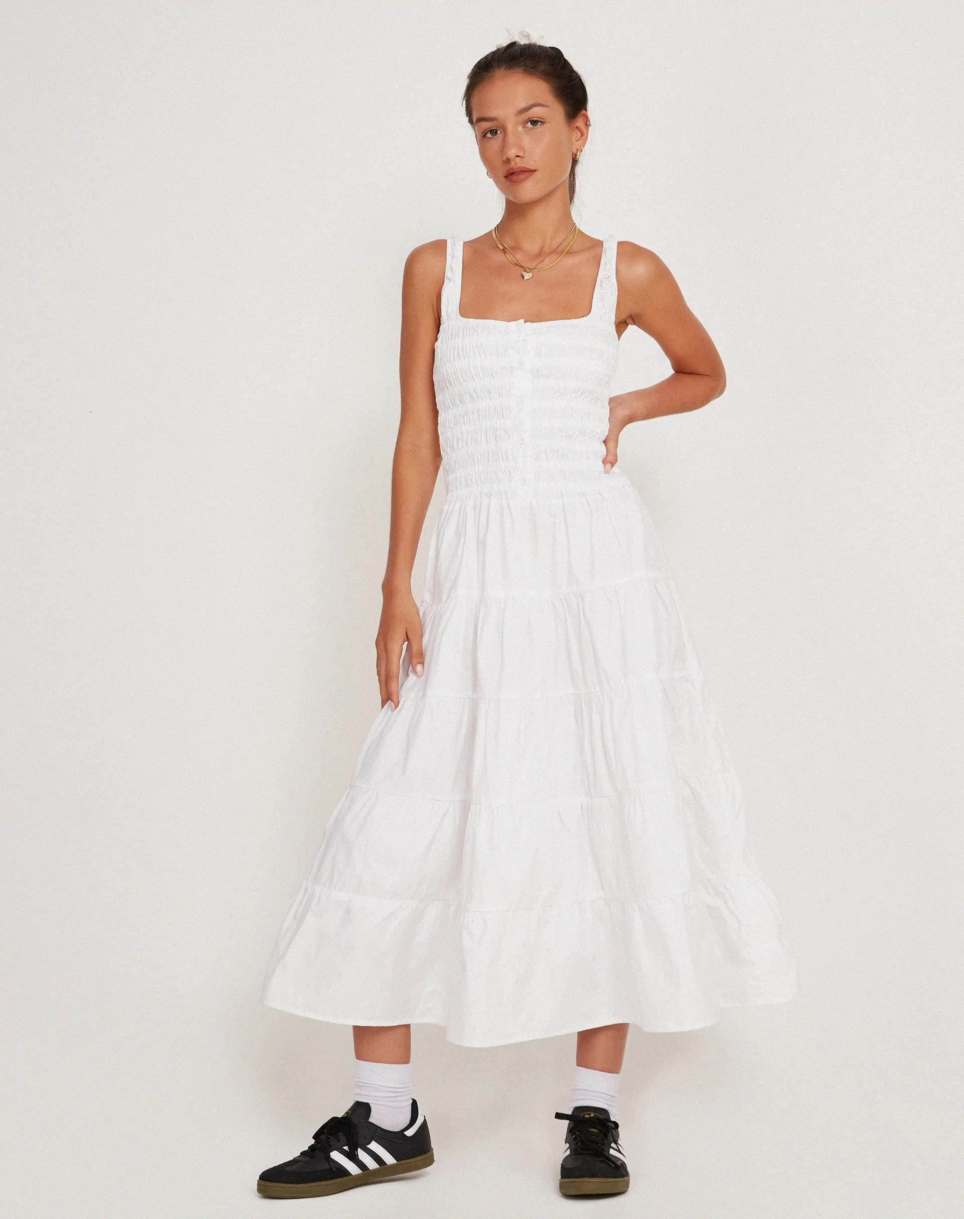 Koizumi Tiered Maxi Dress in Poplin White