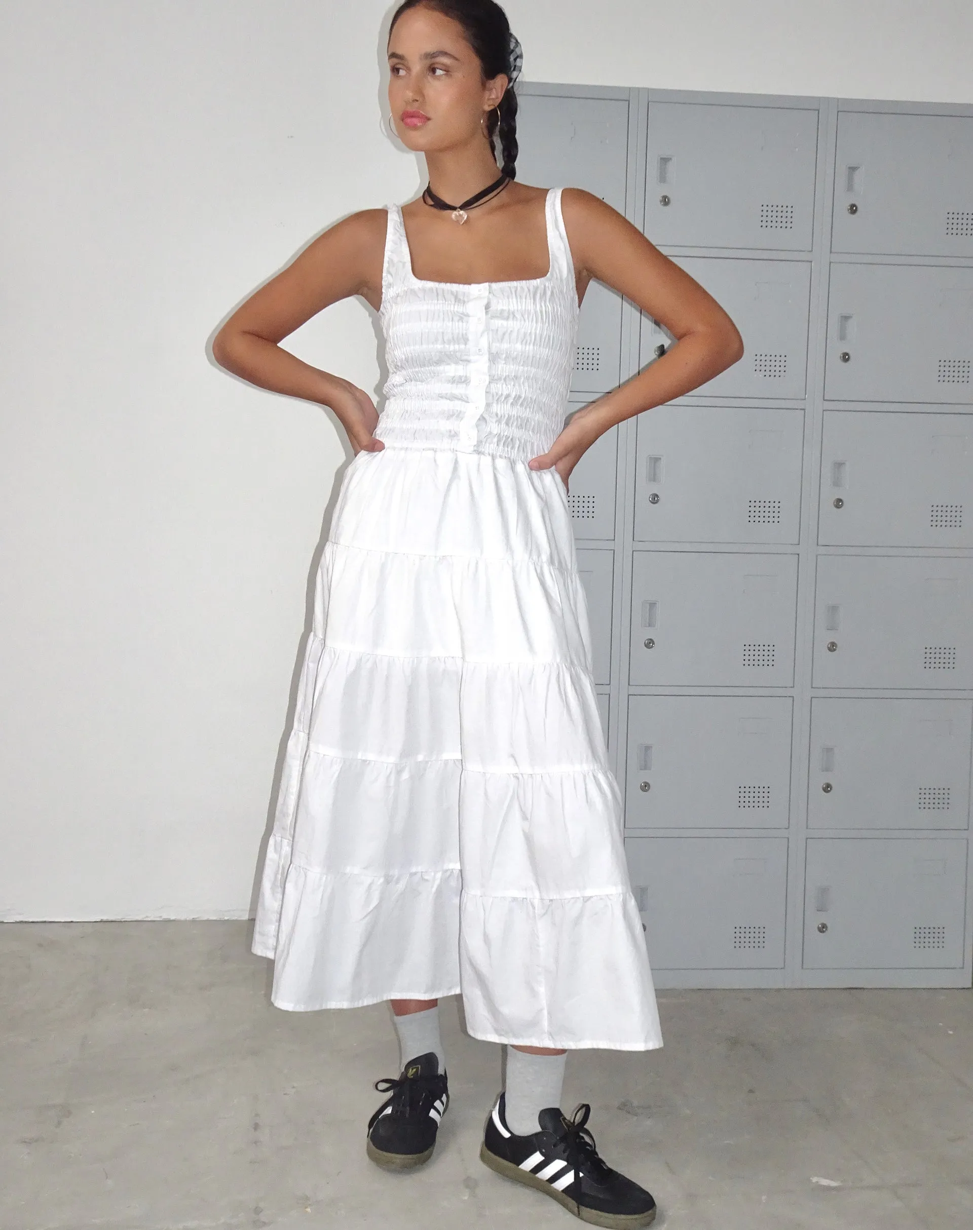 Koizumi Tiered Maxi Dress in Poplin White