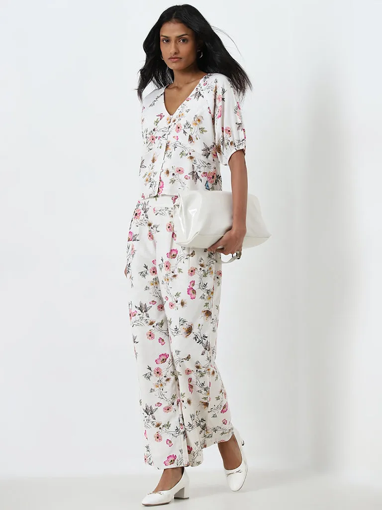 LOV Off-White White Floral High-Rise Palazzos