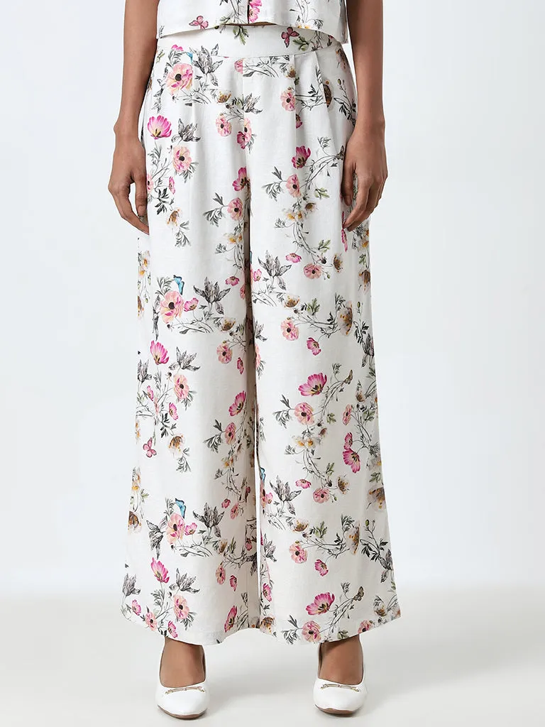 LOV Off-White White Floral High-Rise Palazzos