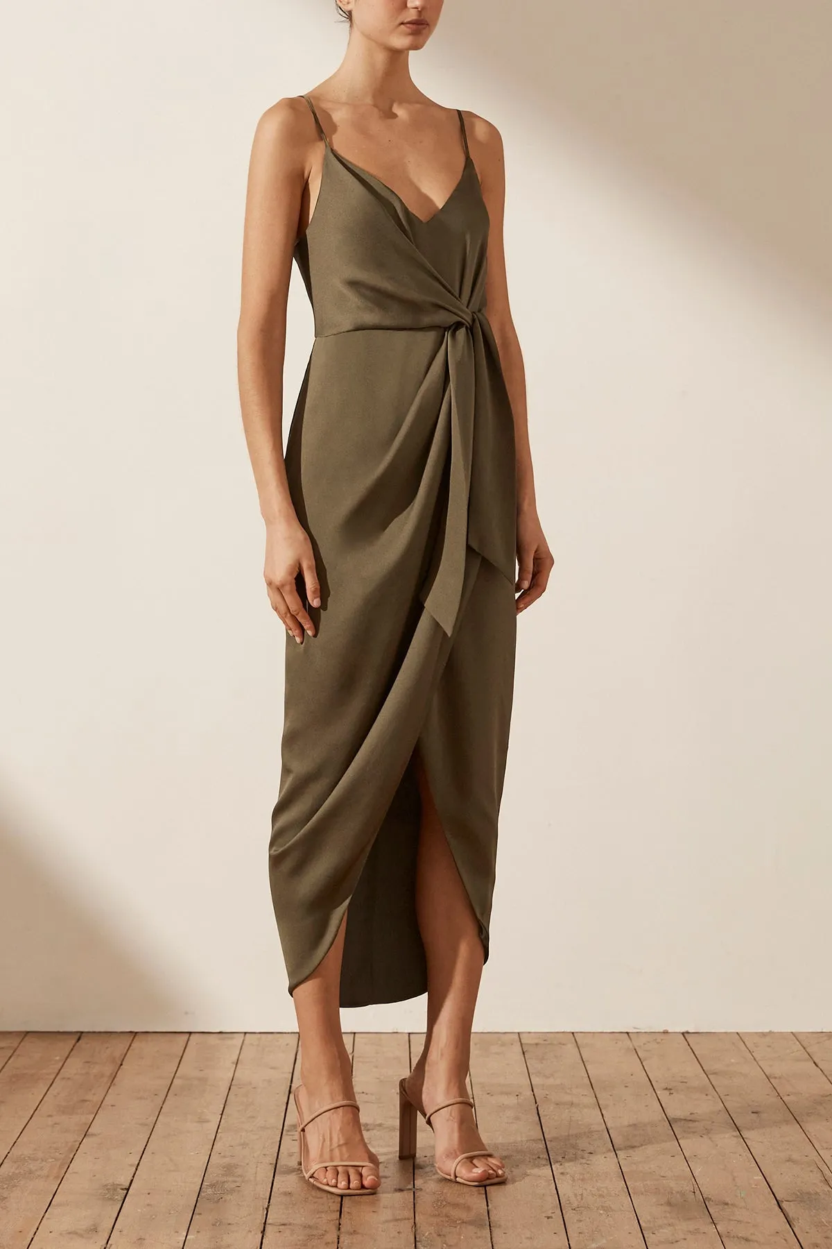 LUXE TIE FRONT COCKTAIL DRESS - PINE