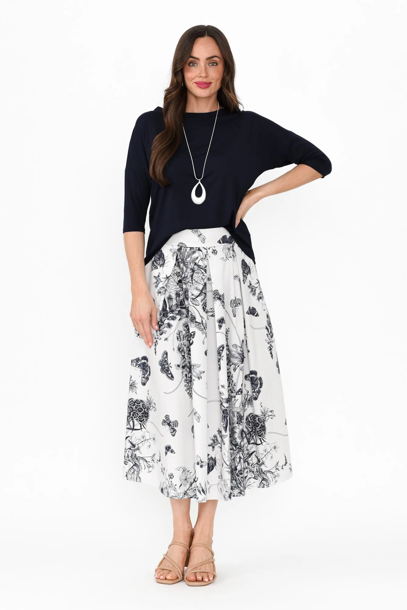 Merridy Navy Garden Cotton Skirt