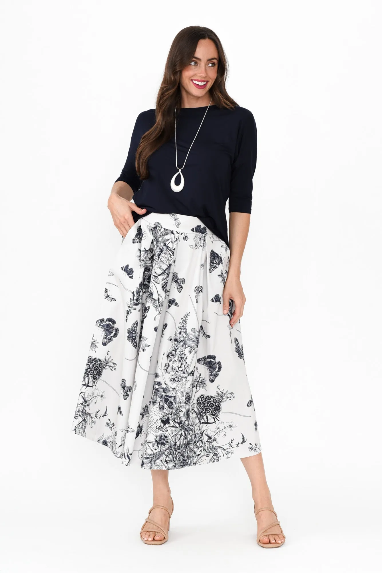 Merridy Navy Garden Cotton Skirt