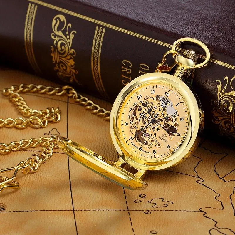 Olaf Orkina Mechanical Skeleton Pocket Watch Golden