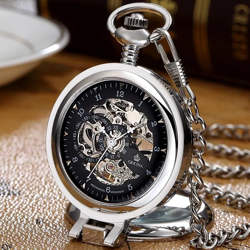 Olaf Orkina Mechanical Skeleton Pocket Watch Silver